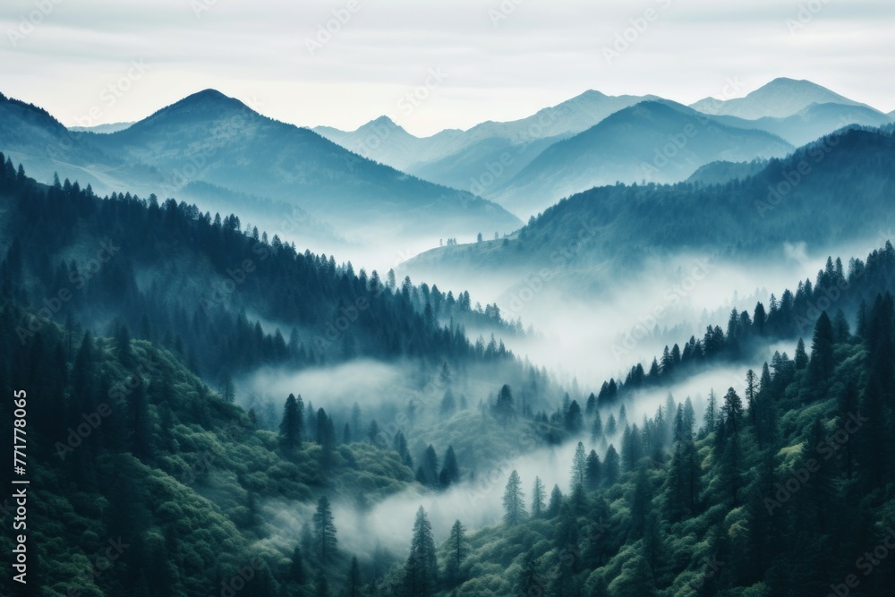 Misty Mountain foggy view. Mist hill. Generate Ai