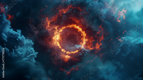 Ring of fire in the sky with dark blue clouds concept background design. Glowing magic circle in the night sky banner. Digital artwork raster bitmap illustration. 