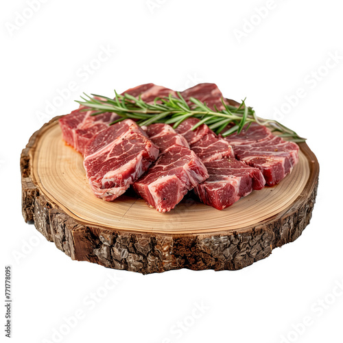 Fresh raw steak cuts on wooden board isolated on white