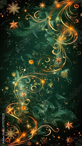 Green and Gold Christmas Background With Snowflakes