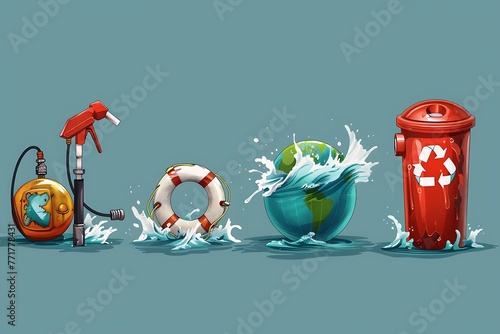 Set Tornado, Floating buoy on the sea, Gas pump nozzle and globe and Recycle bin with recycle icon. Vector.