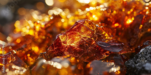Beautiful bright red-yellow amber background. Luxury texture. Sun stone with bubble. Petrified resin of ancient fossil trees. Material for jewelers. Natural mineral. Digging. amber. Overflow colors © Konstantin