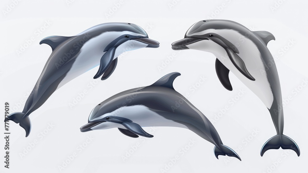 Fototapeta premium Cute photo realistic animal dolphin set collection. Isolated on white background