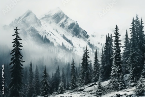 Rugged mountain trees winter. Nature dramatic. Generate Ai