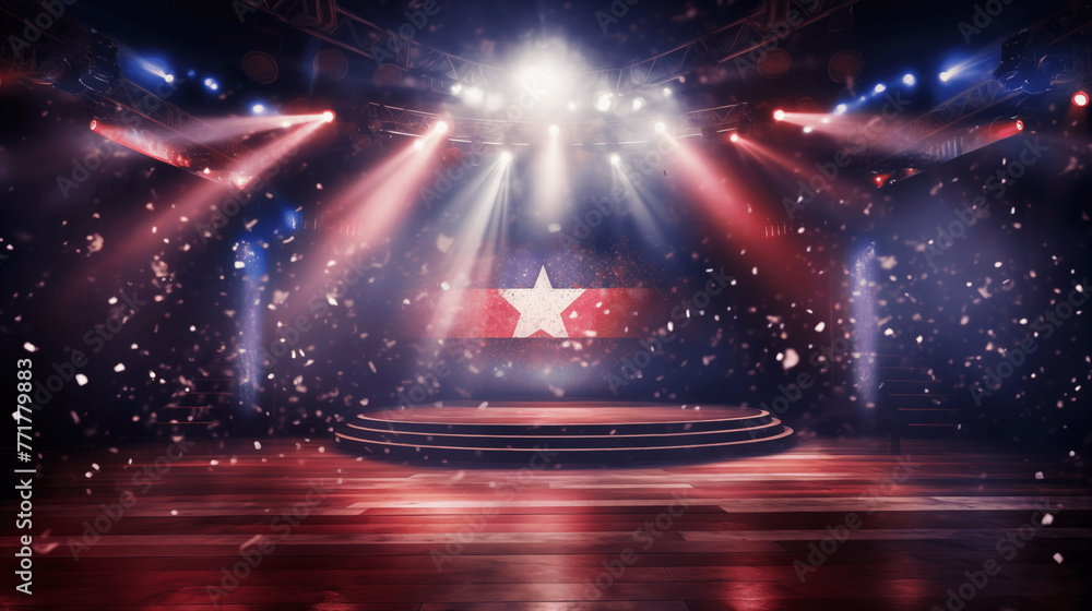 Stage with spotlight, red, white and blue smoke and particle effects, great for 4th of July backdrop. - obrazy, fototapety, plakaty 