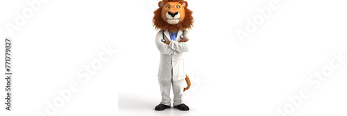 Cartoon lion with a doctor's coat on a white background ,Cartoon lion with a stethoscope on his neck as a veterinarian,Illustration lion in doctor attire