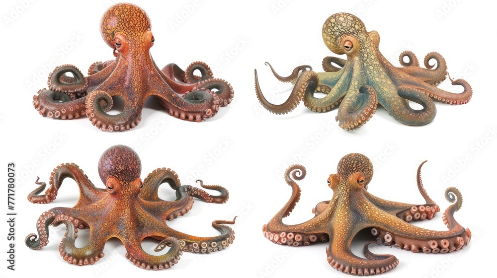 Fototapeta premium Cute photo realistic animal octopus set collection. Isolated on white background