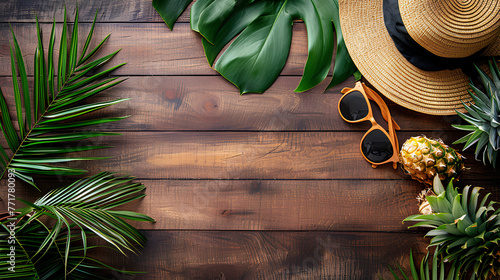 Vacation summer holiday travel tropical ocean sea banner panorama greeting card - Close up of straw hat, sunglasses pineapple and palm tree leaves, on wooden table, wood texture background