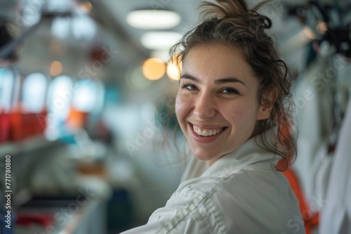 Close-up portrait of female crew member in pilothouse of a ship. Joyful smiling Caucasian young woman in uniform works in a service compartment on a vessel. photo