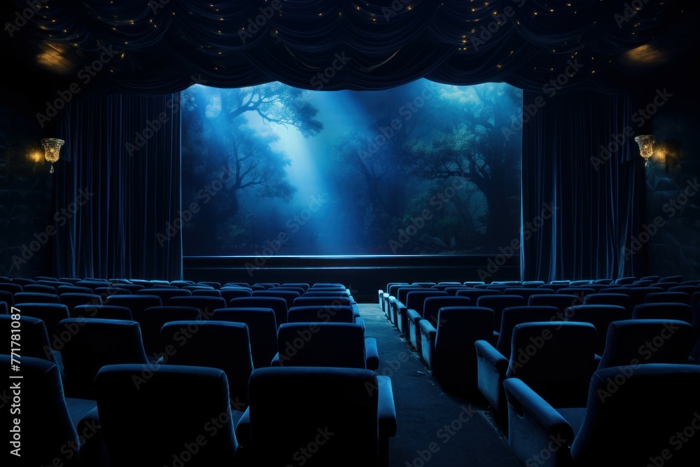 Obraz premium Comforting Movie theater blue velvet. Empty interior. Generate Ai
