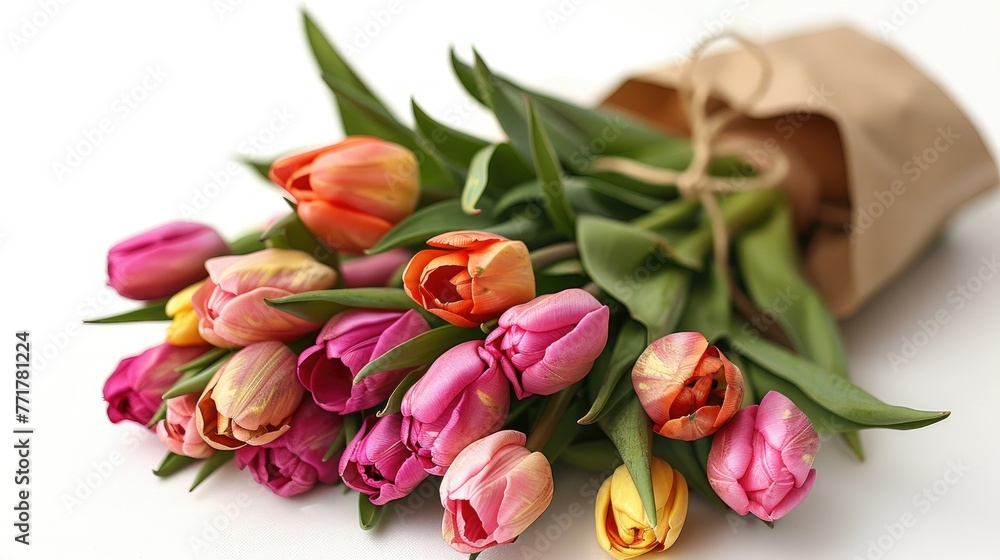 Bouquet of colorful tulips wrapped in paper on a white background. Bouquet of colorful tulips wrapped in paper on a white background.