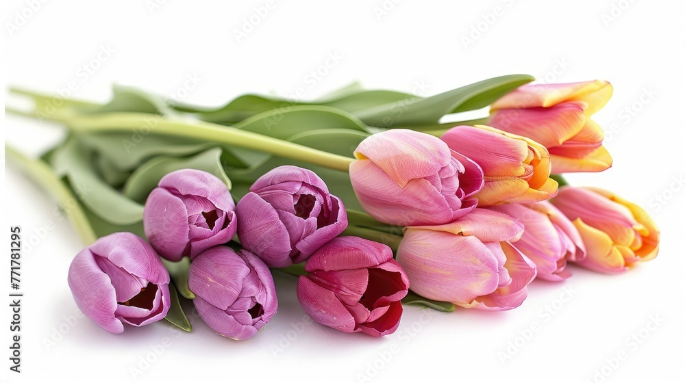 Bouquet of colorful tulips wrapped in paper on a white background. Bouquet of colorful tulips wrapped in paper on a white background.