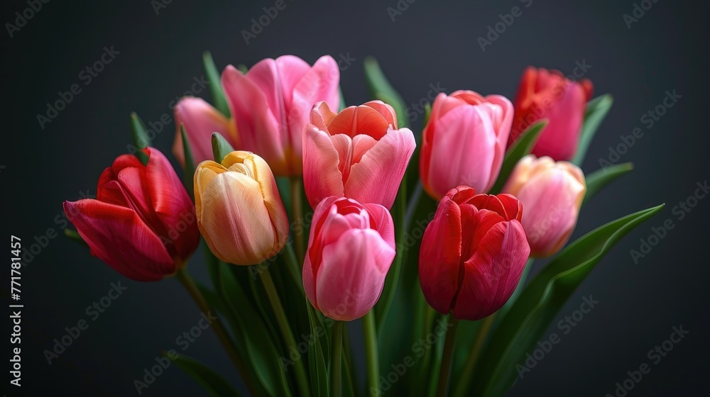 Bouquet of red tulips against a dark background, vibrant spring flowers with green stems, suitable for greeting cards and backgrounds.