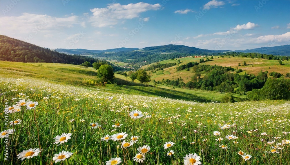 Nature's Canvas: Panoramic View of Blooming Daisies in the Grass