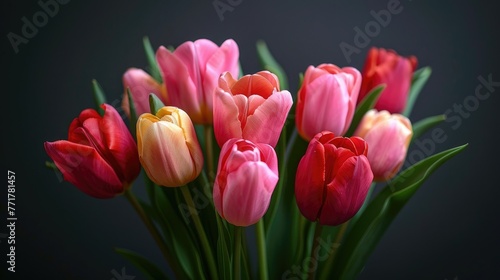 Bouquet of red tulips against a dark background, vibrant spring flowers with green stems, suitable for greeting cards and backgrounds.