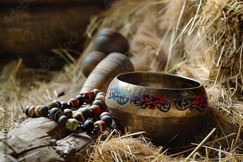 Tibetan singing bowl, mala beads and tibetan cymbals sitting in some hay photo