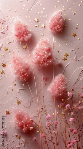 Pink Flowers and Gold Flakes on Pink Background