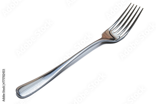 Kitchen utensil, shining polished silver fork on white background