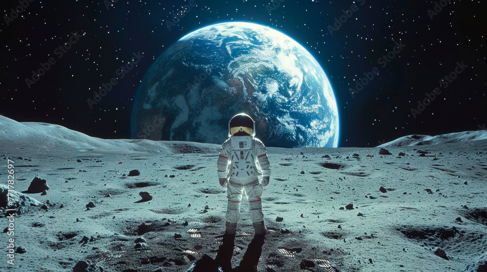 Earth Gazing: Astronaut Contemplates Home from the Moon - obrazy, fototapety, plakaty 