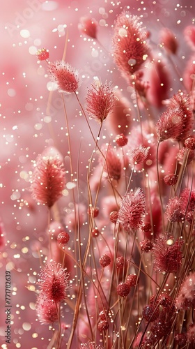 Pink Flowers and Gold Flakes on Pink Background