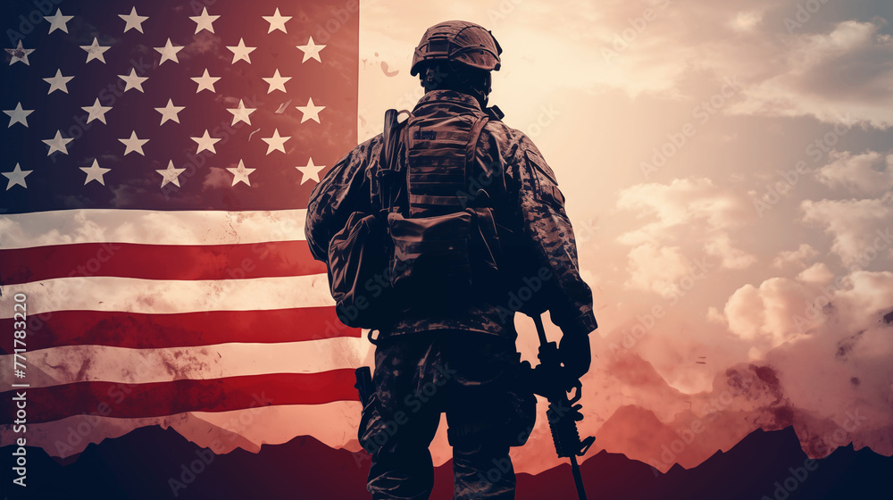 USA soldier silhouettes, flag, graphic design.