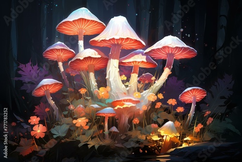 Vibrant Mushroom flowers illustration field. Art drawing. Generate Ai