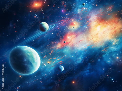 Gleaming planets in the expansive galaxy. AI Generation. © Llama-World-studio
