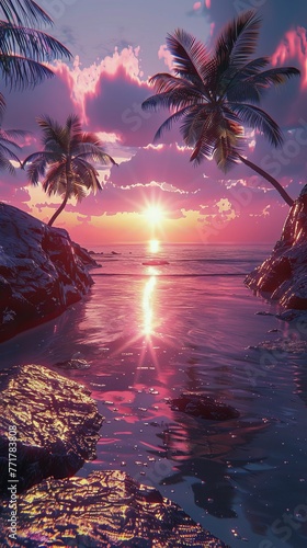 Vibrant Sunset Behind a Palm Tree