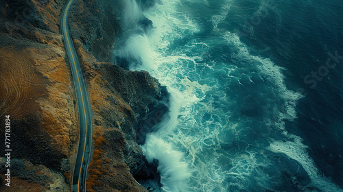 Scenic Coastal Highway Aerial Vie, road adventure, path to discovery, holliday trip, Aerial view photo