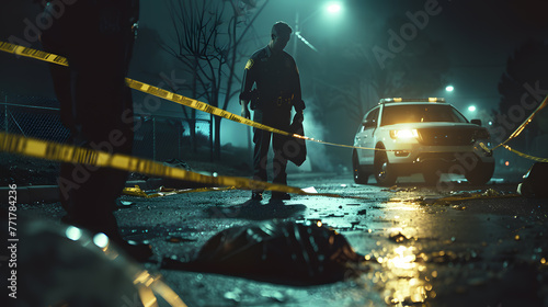 Police officer in search of a crime scene at night, conceptual image photo