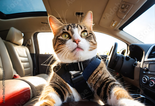 Cat in car with safety belt. Safe transport of animals
