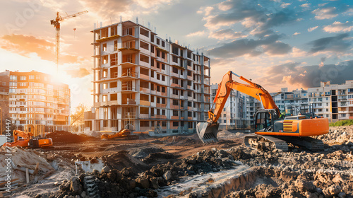 excavator at work on construction site with multi storey building under construction