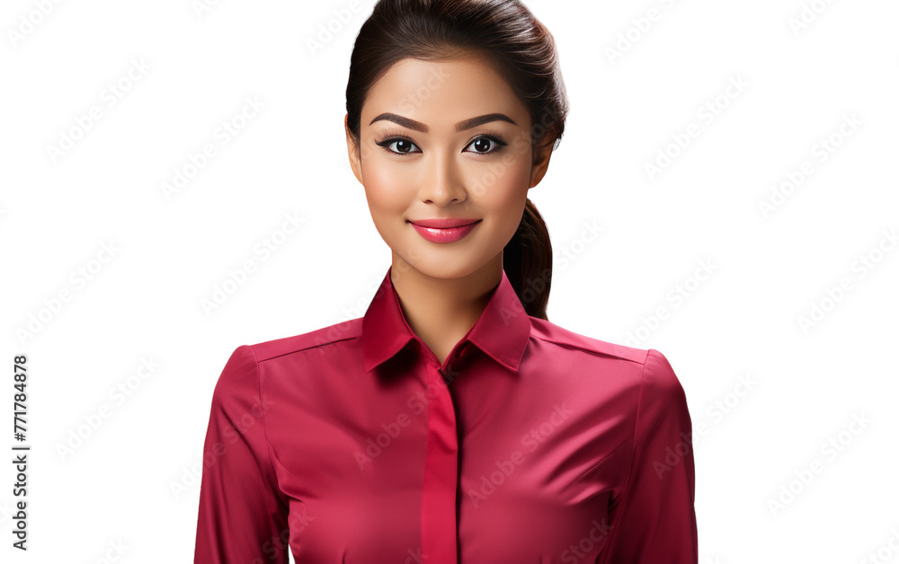 A captivating woman with a ponytail and red shirt exudes confidence and style A captivating woman with a ponytail and red shirt exudes confidence and style