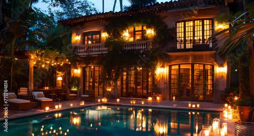 poolside of an elegant house with a small garden and lots of candles