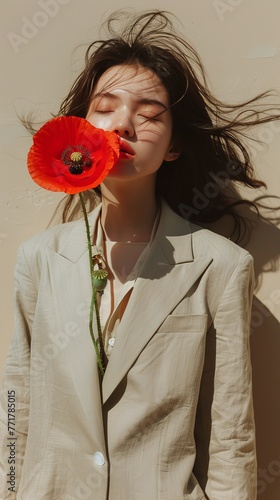 Woman Holding Flower in Mouth