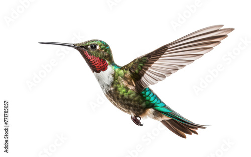 A hummingbird soars gracefully through the air with its wings fully extended