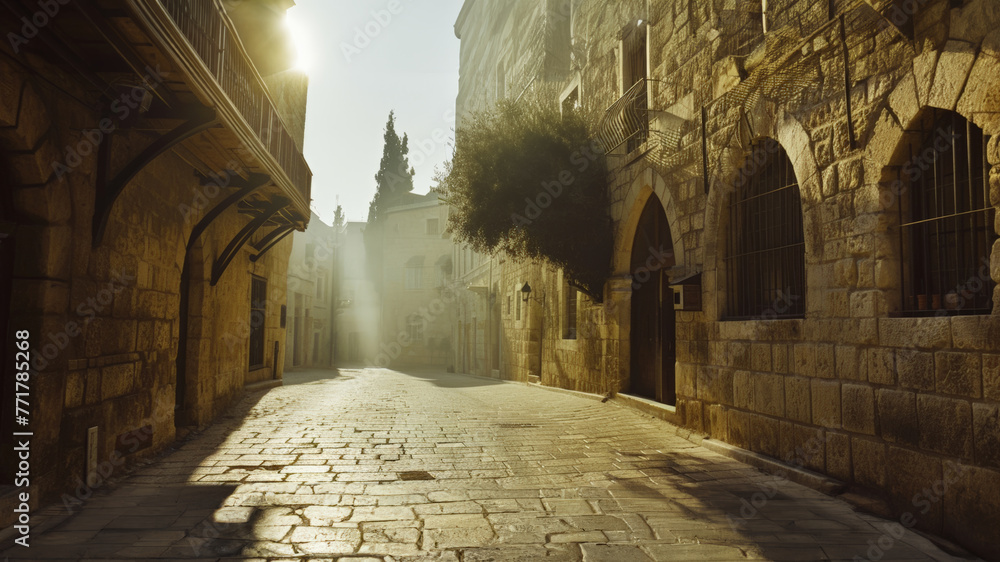 Fototapeta premium Empty street in Jerusalem. Morning in a medieval city. Roads and alleys. Biblical city. Real photo. A back alley in an ancient city like Bethlehem.