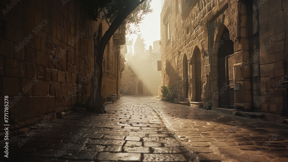 Obraz premium Empty street in Jerusalem. Morning in a medieval city. Roads and alleys. Biblical city. Real photo