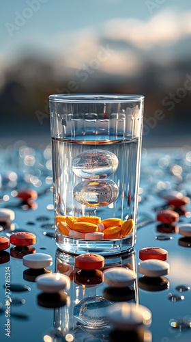 Three Pills and Glass of Water on Table