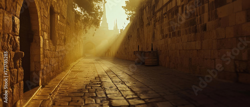 An empty street in the city of Jerusalem in the early morning. Sunlight eliminates the street and lights up the cobblestones.Biblical city. Real photo photo