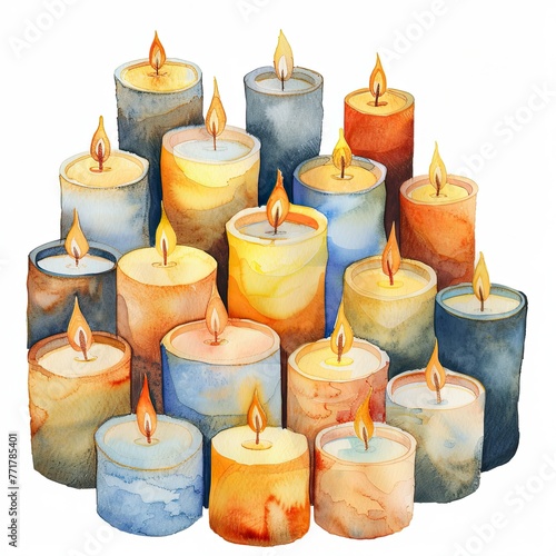Bunch of isolated watercolor candles, illustration with white background