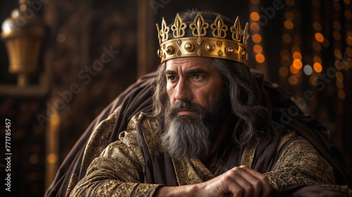 A Royal king from the bible in the lineage of Jesus. Biblical figure. Old man with a crown. Royalty in the palace photo