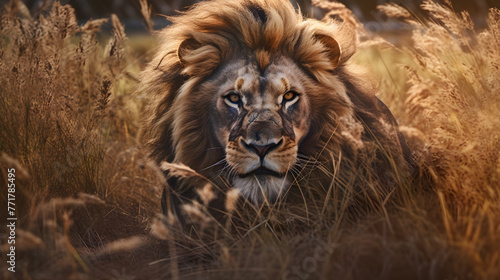 A Lion hunting in the high grass. Male Lion on the African plains.  photo