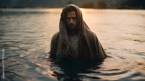 Man baptized in water. John the Baptist. Walking in water. Submerged at dawn