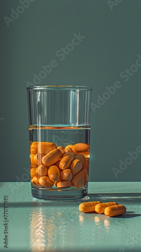 Three Pills and Glass of Water on Table