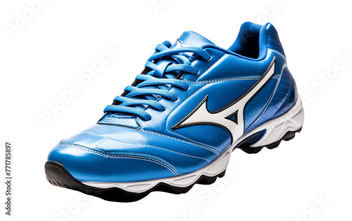 A stylish blue and white soccer shoe stands out against a clean white background
