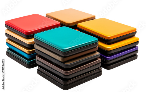 Stack of colorful plastic cases in various sizes and shades