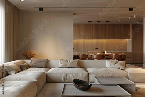 Warm modern interior. Modern living room with light leather sofas and design furniture