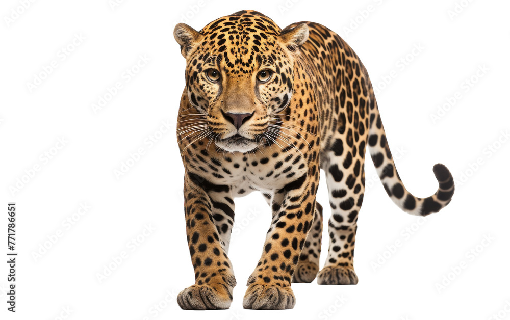 A large leopard gracefully walks across a blank white canvas A large leopard gracefully walks across a blank white canvas