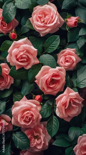 Cluster of Pink Roses With Green Leaves